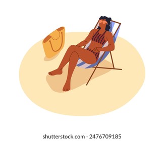 Woman on chaise lounger, beach sunbed. Summer sunbathing and relaxing on deckchair. Female in bikini enjoying vacation leisure, holiday rest. Flat vector illustration isolated on white background