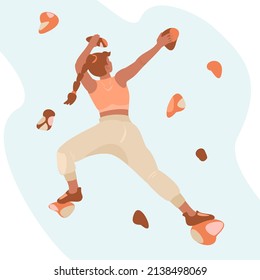 Woman on the climbing wall. Girl climbing on artificial rock wall. Vector illustration on white background.