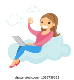 A woman on a cloud working on a laptop computer and showing ok sign. Concept of freelance work, cloud computing, accessibility and mobility. Vector cartoon illustration isolated on white background.