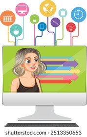 Woman on computer with educational icons
