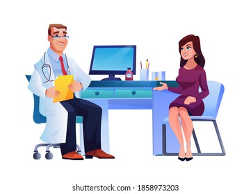 Woman on consultation of general practitioner isolated people sitting at table. Vector patient and medical specialist man therapist in white coat, stethoscope and illness history. Female and physician