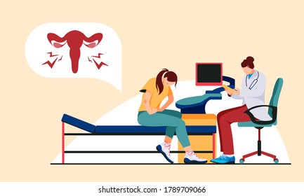 Woman On Consultation With A Gynecologist Is Experiencing Pain In The Uterus.Endometriosis, Inflammation Of The Appendages, Sexually Transmitted Diseases Vector Concept Design In Flat Style.