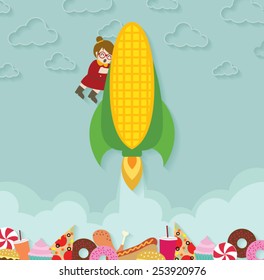 Woman on corn rocket take off from junk food.