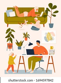 A Woman On The Couch, A Man At The Desk Working At Home At The Computer, Children Play With The Dog. Vector Illustration. Stay At Home.