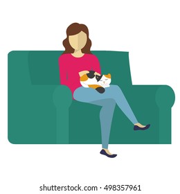 The woman on the couch, petting a cat. Vector Illustration.