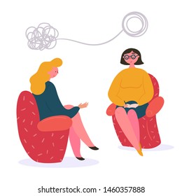 Woman on the couch at the therapist psychologists session. Young lady has conversation therapy with family or relationship mental specialist. Speak and solve out your problems. Flat illustration