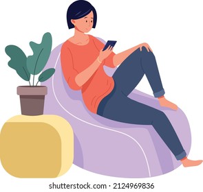 Woman on couch using smartphone. Home rest. Leisure lifestyle isolated on white background