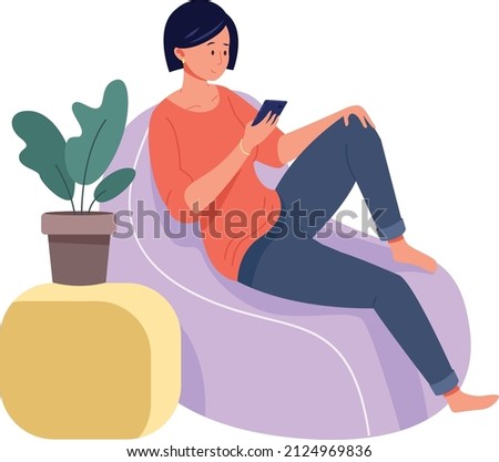 Woman on couch using smartphone. Home rest. Leisure lifestyle isolated on white background