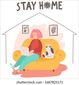 Woman on the couch working at home on a laptop with her cat. Coronavirus concept. Stay home banner template. Pandemic self isolation, quarantine, health care, protection. Hand drawn illustration