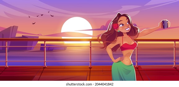 Una mujer en la cubierta de crucero se toma un selfie en un smartphone, una chica en vestido de verano se fotografía a sí misma en la vista del océano en barco o velero. Viaje de vacaciones en verano, ilustración del vector de dibujos animados