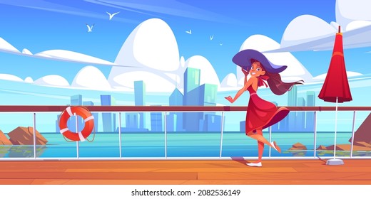 Mujer en cubierta de crucero sobre el mar y el horizonte de la ciudad, chica en vestido de verano y que se relaja en barco o velero en el océano. Viaje de vacaciones en verano en el buque de pasajeros, ilustración del vector de dibujos animados