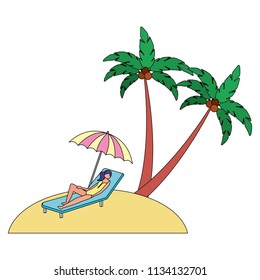 woman on deck chair umbrella beach palm