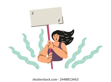 Woman on demonstration with agitation poster, protesting with placards. Human rights day. Cartoon single picket, manifestation or protest. Solidarity community, social unity. Activist character