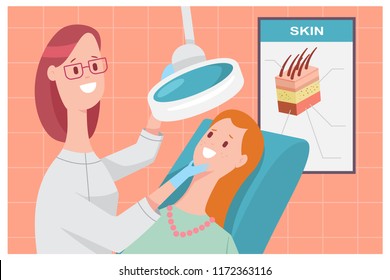 Woman On A Dermatologist Consultation. Vector Cartoon Character Of Doctor Cosmetologist And Patient In Clinic.