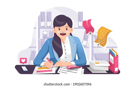 Woman on desk with large amount paperwork at the business office or company as secretary, accountant or administrator. Happy working with smiling face illustration