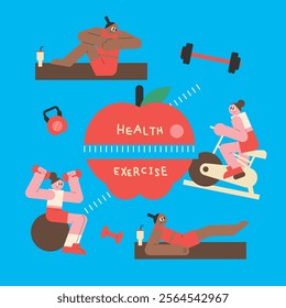 A woman on a diet. Aerobic. Cycle. Dumbbells. Health club. Simple illustration.