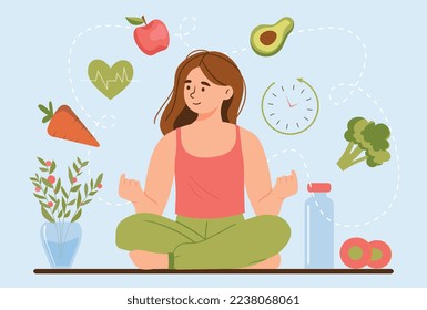 Mujer a dieta. Niña en posición de loto cerca de íconos con productos naturales y orgánicos. Verduras y frutas. Atención de la salud y estilo de vida activo. Nutrición y deportes. Dibujo vectorial plano de dibujos animados