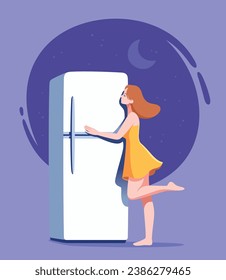 Woman on diet hugs fridge. Girl not allowed food at night. Eating disorder concept. Food addiction. Diet and food. Vector illustrations on white background