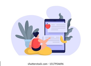 Woman on diet. Idea of healthy nutrition and meal portion. Counting calories in food. Isolated vector cartoon illustration