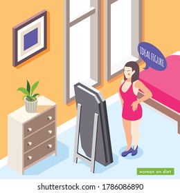 Woman on diet isometric background with bedroom interior indoor composition and female character looking in mirror vector illustration