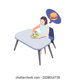 Woman on diet isometric composition with female character sitting at table eating salad dreaming of burger vector illustration