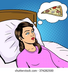 Woman on diet pop art style vector illustration. Woman dream about pizza. Hungry woman. Woman keeps diet. Comic book style imitation. Vintage retro style. Conceptual illustration