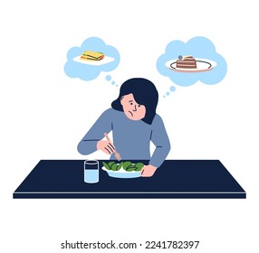 Woman on diet. Sad female eating green vegetables salad and drink water but dream about cake and sandwich. Healthy lifestyle or anorexia vector concept