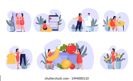 Woman on diet set. Idea of healthy nutrition and meal portion. Doctor holding measuring tape. Counting calories in food. Isolated vector cartoon illustration