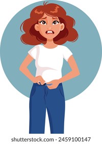 
Woman on a Diet Trying to Close her Pants Vector Illustration
Stressed girl with post-partum body not fitting in old jeans
