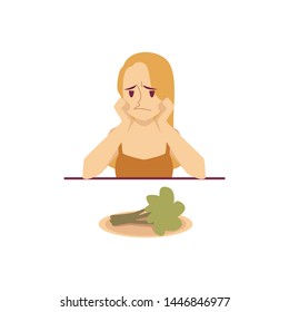 Woman on a diet or trying to lose weight sad looking at a plate with broccoli flat vector illustration isolated on white background. Healthy and vegetarian food concept.