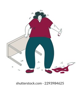 woman on a drunken spree. Conceptual illustration of the consequences of alcoholism with an aggressive female character ready to attack among broken bottles and an overturned table.