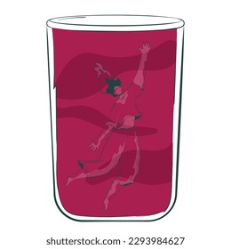 woman on a drunken spree. Conceptual illustration of the consequences of alcoholism with a depressed character with alcohol addiction drowning in a glass of alcohol. Unhealthy Lifestyle