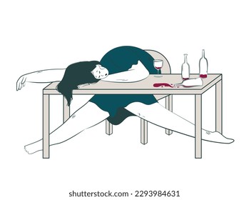 woman on a drunken spree. Conceptual illustration of the consequences of alcoholism with an unconscious depressive character on a table among empty bottles. Unhealthy Lifestyle