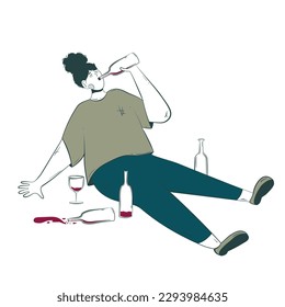 woman on a drunken spree. Conceptual illustration of the consequences of alcoholism with a depressed character with alcohol addiction drinking on the floor among empty bottles. Unhealthy Lifestyle