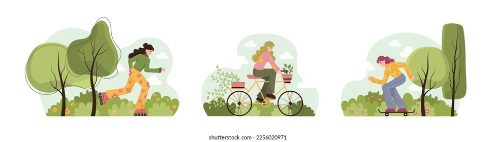 Woman on eco transport. Ride on bicycle, skate and rollers in green parks. Sport and activity. Environmental protection concept. Flat vector illustration