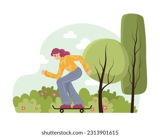 Woman on eco transport. Young female standing on skateboard and ride forward in park. Sport and activity concept. Environmental protection concept. Flat vector illustration in green colors