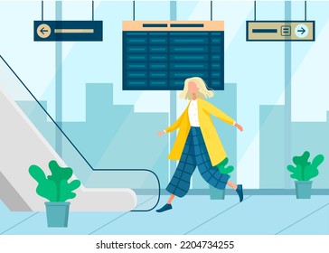 Woman On Escalators In Mall. Moving Staircase, Automatic Ladder Carrying Visitors Up And Down. Elevator Stairs In Shopping Center. Girl Rushing To Work In Business Center. Passenger Goes To Airport