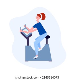 Woman on exercise bike. Flat style vector illustrtation. Happy woman doing velo exersice