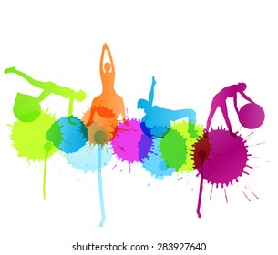 Woman on fitness ball exercises vector background concept with color splashes