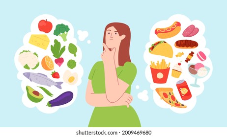 Woman on food diet. Healthy and unhealthy products balance. Character choose between fastfood and vegetable. Health lifestyle vector concept. Healthy and unhealthy diet, character choice illustration