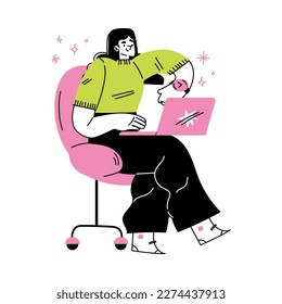 Woman on Freelance Sitting on Chair Working at Laptop Vector Illustration