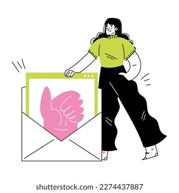 Woman on Freelance Standing at Open Envelope with Thumb Up Mail Vector Illustration