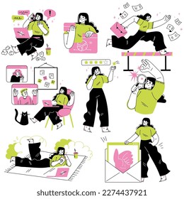 Woman on Freelance Working in Comfortable Conditions Vector Set