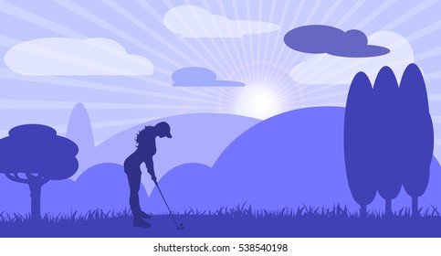 Woman on golf in nature with mountains, clouds and sunshine