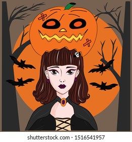 Woman on halloween Is a beautiful witch with a giant pumpkin.