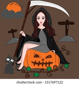 Woman on halloween Is a beautiful witch with a giant pumpkin.