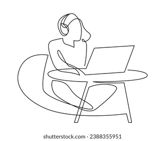 Woman on headphones working remotely at her laptop continuous one line vector drawing. Girl in a sack chair with notebook on a table hand drawn illustration. Studying at home, remote job, freelance