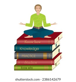 Woman on a heap of books, sitting in yoga position. Isolated. Vector illustration.