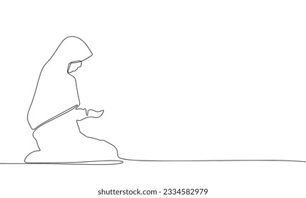 Woman on her knees asking for money. One line continuous concept poverty banner. Line art vector illustration. Outline silhouette with copy space.