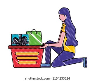 woman on her knees with shopping basket gift bag